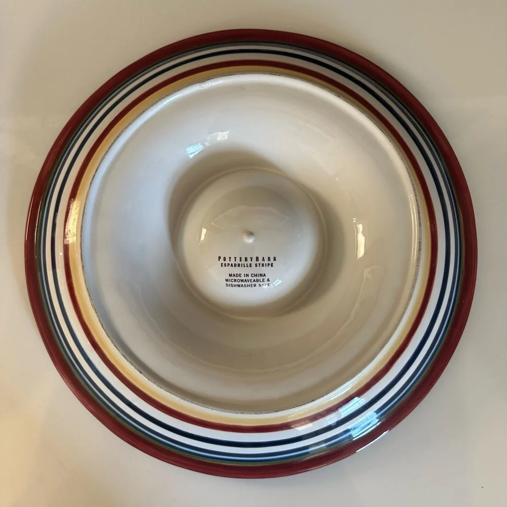 Pottery Barn Chip Dip Espadrille Stripe Bowl Platter Red Blue Green Yellow Round